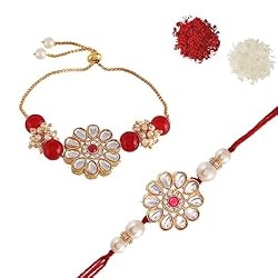 Ingo creation Unisex Adult Bhaiya Bhabhi Gold Plated Floral Rakhi Set| Couple Rakhi| Kundan Rakhi| With Roli Chawal And Raksha Bandhan