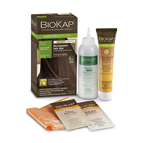 BioKap, Natural Light Chestnut 5.0 Nutricolor Delicato Rapid Permanent Hair Colour — PPD-Free and Ammonia-Free Vegan Hair Dye for Sensitive Skin with 100% Grey Coverage in just 10 Minutes