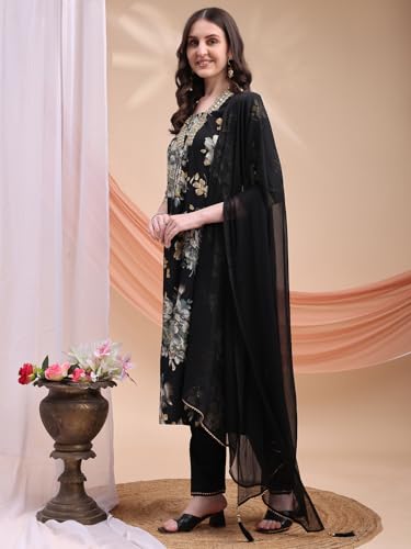 Image of Berrylicious Womens Embroidered & Floral Printed Rayon A-line Kurta with Pant & Dupatta | V-Neck | 3 /4 Sleeve | Ethnic Wear Set for Festive, Casual & Semi-Formal Occasions
