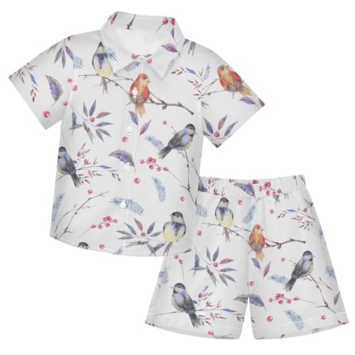 Image of Hawaiian Shirt for Boys Winter Bird Leaves Button Down Shirt Short Sleeve Kids Shorts Sets Summer Outfits Size 5-6t