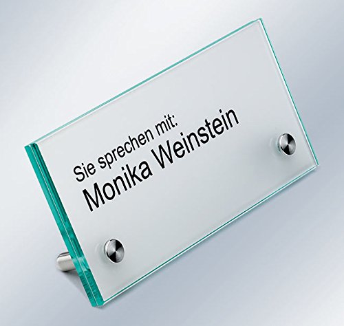Tischaufsteller, Namensschild, Empfangsschild, ESG-Glas, 150x70x4 mm, 60° Aufstellwinkel, Schilderhalter Edelstahl mit extra- flachem Kopf Cover