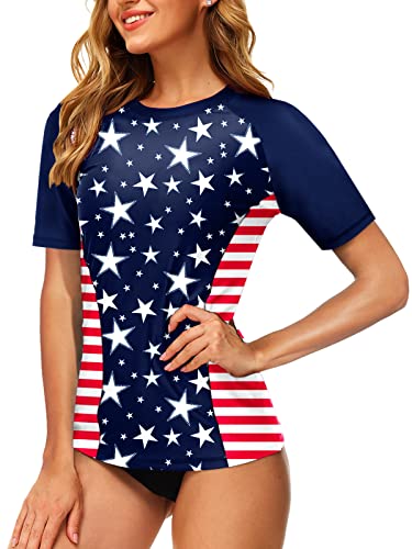 Image of AOBUTE Women Short Sleeve Rash Guard UPF 50+ Tropical Sun Protection Floral Swim Shirts