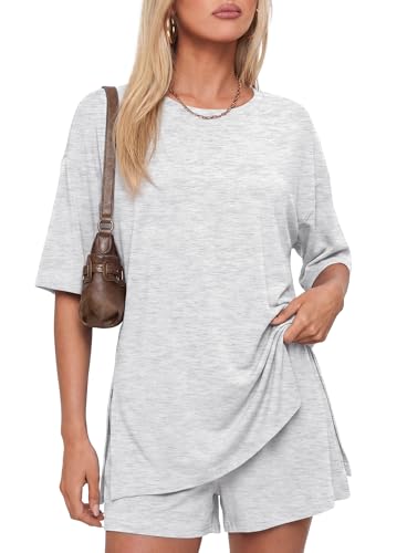 Image of Darong Women's 2 Piece Shorts Set Loungewear | oversized tshirts,crew neck top,drawstring shorts,elastic waist, side pockets,summer travel outfits