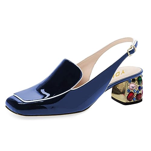 YDN Women Classic Pumps Colorful Rhinestone Block Low Heels Closed Square Toe Formal Loafer Formal Office Lady Shoe Size 4-16 US