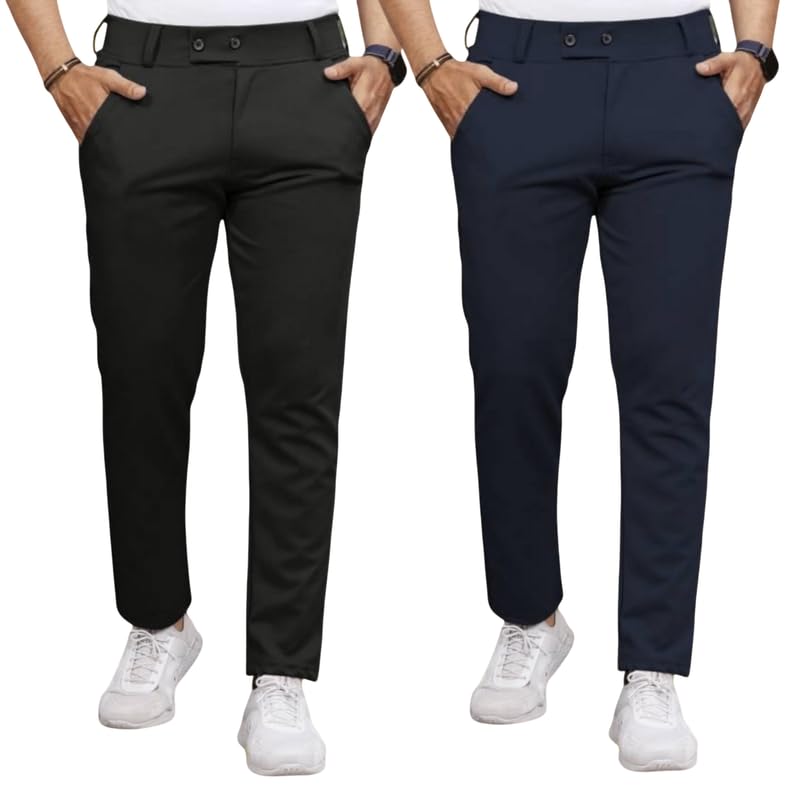 Image of Men Fit Stretch Trousers with Side Pockets | 2-Button Closure | Soft Lycra Blend for Casual & Formal Use