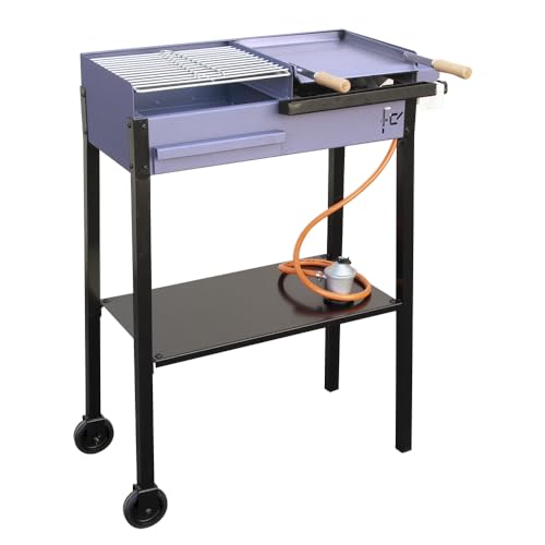 Barbacoa de Gas y Carbón Portátil con Plancha de Acero y Parrilla con Cincado Homologado | Asador de Doble Altura para Exterior 850x980x385 mms | Incluye Paellero, Regulador y Manguera.