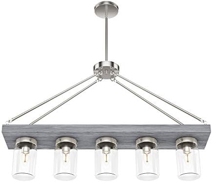 Hunter - Devon Park 5-light Brushed Nickel, Large Chandelier, Dimmable, Rustic Style, Linear Shaped, for Bedrooms, Kitchens, Dining, Living Rooms - 19007