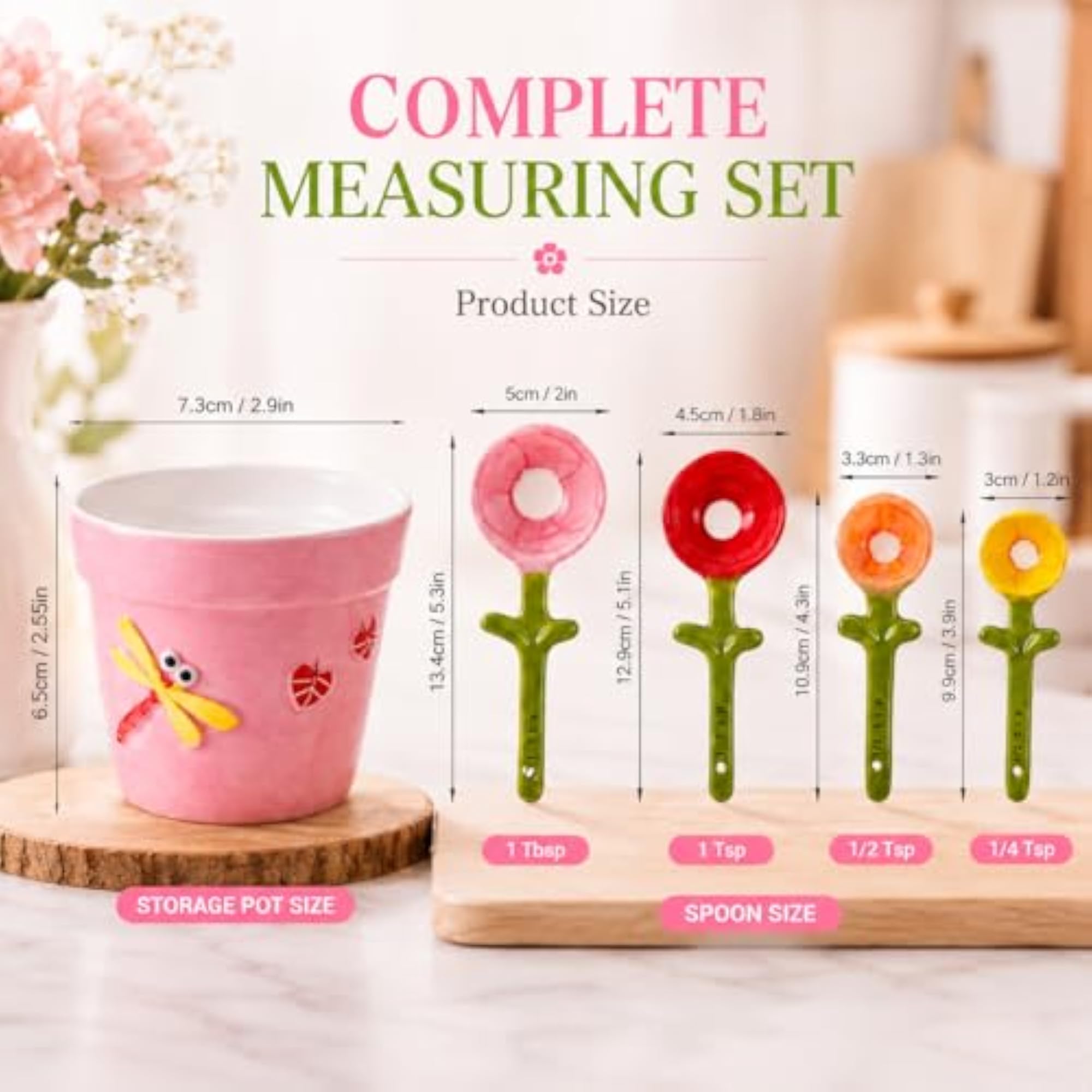 Ceramic Measuring Spoons Set with Flower Pot Holder, 4 Piece