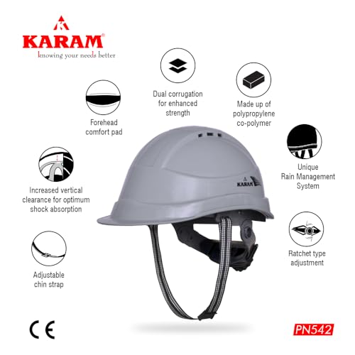 Image of KARAM PN542 Safety Helmet for Men Industrial & Construction Helmet | Ratchet Type Adjustment with Adjustable Chin Strap | Ventilation & Side Slot for Attachment | EN Certified Hard Hat | Apex Grey