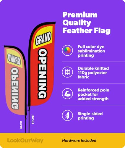 Image of LookOurWay Feather Flag Pole Kit - 7 Feet Tall Advertising Banner with Fiberglass Pole Set and Ground Spike for Business Promotion - Open Flags - Grand Opening Red & Yellow