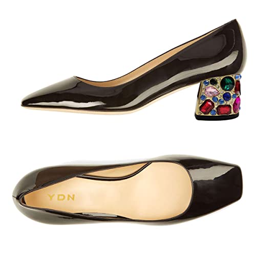 YDN Women Square Toe Slip on Pumps Rhinestone Studded Block Low Heels Dance Prom Dress Shoes Size 4-15 US2