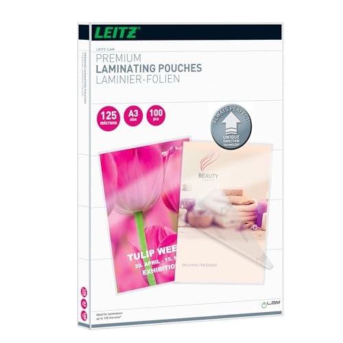Leitz Heißlaminierfolien A3 125 mic, Laminierfolien in Premium-Qualität im 100er Pack, Glänzend, Transparent, Vereinfachtes Einlegen durch UDT, iLAM, 74880000