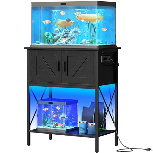 HOOBRO 20 Gallon Fish Tank Stand with Power Outlets and LED Light, Metal Frame Aquarium Stand, Reptile, Turtle Tank Stand with Cabinet Storage, 27.6” L x 15.7” W, 300 LBS Capacity, Black BB40UDFT01