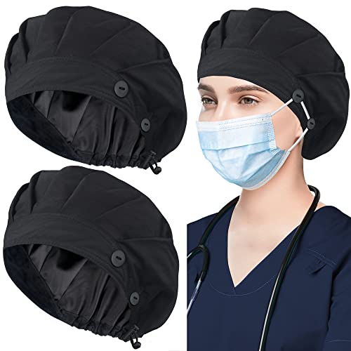 ABAMERICA 2 Pack Bouffant Caps with Button and Sweatband, Adjustable Scrub Caps for Women Men, One Size Multi Color A-80 2pack Satin Lined Blk+ Blk Satin Lined
