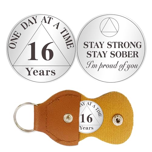 16 Year Sobriety Coin Gifts | One Day at a Time AA Coins - HA AA Chip Medallion with Leather Keychain | Narcotics Alcoholics Anonymous Gifts for Anniversary Month & Year for Men & Women in Recovery