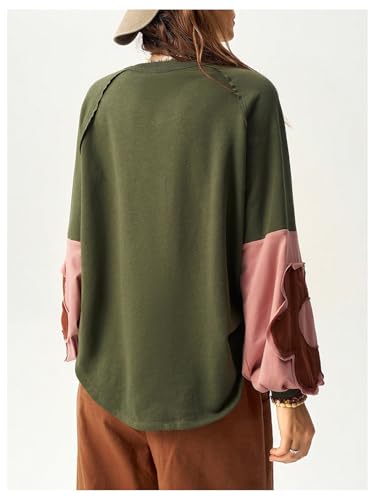 BEAUDRM Women's Oversized Sweatshirt Boho Tops Patchwork Crewneck Sweatshirt Floral Long Sleeve Pullover Tops Green Small