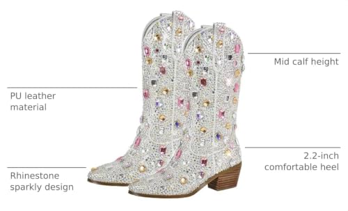 Image of Richealnana Sparkly Rhinestones Cowboy Cowgirl Style Boots Calf High Boots for Women 2INCH Heeled Shining Pull On Tabs
