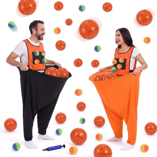 2-in-1 Granny Pants Yard Game Set, Oversized Pants & Sticky Vests Combo with 20 Balls & Pump, Outdoor Tossing Game for Adults Family Party Backyard Lawn Fun(M,Basketball,Orange and Black) - image 1