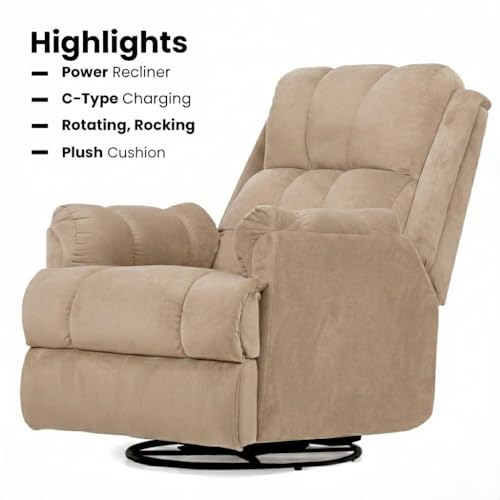 Image of Donna Motorized Recliner Chair - Power Reclining Single Seater Sofa with USB Port | Rocking & Revolving Recliner | Taupe Beige Velvet Upholstery | Ergonomic & Compact Recliner (Hazelnut)
