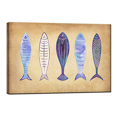 LevvArts Vintage Canvas Wall Art Tropical Navy Blue Fish Picture Painting on Canvas Ocean Animal Art Prints for Home Bedroom Bathroom Wall Decor Ready to Hang 16x24