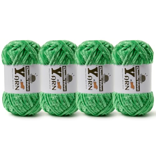 Image of 4 Pack Plush Chenille Chunky Yarn - Fluffy Velvet Yarn Crochet for Blanket Knitting and Crocheting - Soft Baby Yarns for Crocheting - Amigurumi Crochet Yarns 100g (87yds) (4 Christmas Green)