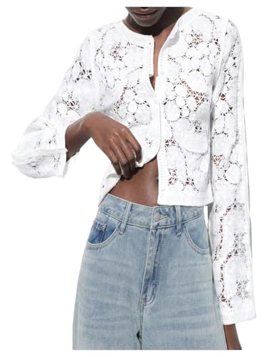 SHENHE Women's Hollow Out Crochet Knit Lace Cardigan Button Down Crewneck Lightweight Sweater