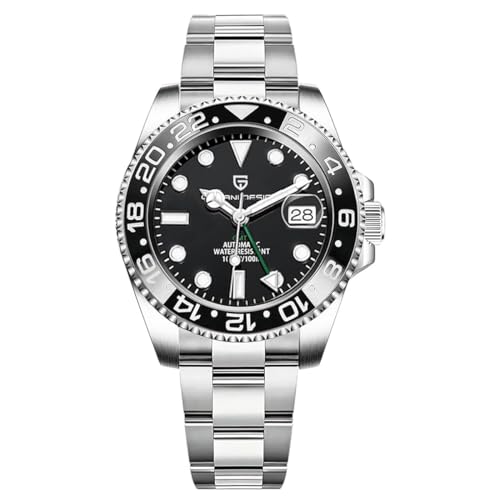 PAGRNE DESIGN GMT Automatic Mechanical Men's Watch Rotating Ceramic Bezel Stainless Steel with Date Function Men's Sport Watch(Steel Belt Silver Black-3)