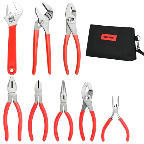 Image of TOOLEAGUE 8Pcs Pliers Set with Storage Bag,Red | Groove Joint,Long Nose,Slip Joint, Diagonal, Linesman Plier,Adjustable Wrench for DIY and Multi-Use