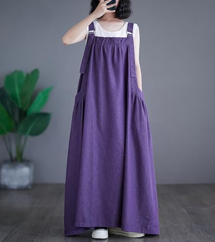 Image of Women's Casual Loose Denim Dress Sleeveless Adjustable Straps Denim Jumper Dress with Pockets