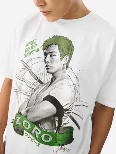 Image of The Souled Store Official One Piece: Roronoa Zoro Men and Boys Short Sleeve Round Neck White Graphic Printed Cotton Oversized T-Shirts