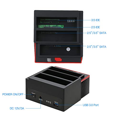 KKmoon Multifunctional External HDD Hard Drive Docking Station Card Reader USB3.0 Hub with OTB/OTC Offline Clone/Duplicator 2.5"/ 3.5" USB 3.0 to 2 SATA Ports 1 IDE Port US Plug 6TB