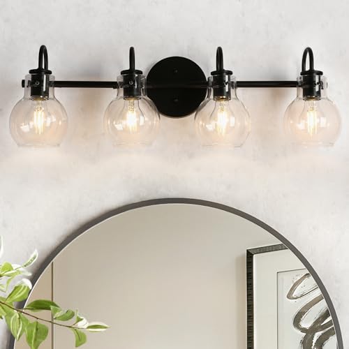 Image of KSANA Black Bathroom Light Fixtures, 4-Light Modern Farmhouse Black Vanity Lights with Clear Glass Shade Over Mirror for Hallway, Kitchen, Bedroom, and Living Room