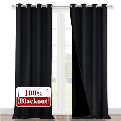 Image of NICETOWN Extra Long Truly Blackout Drapes for Hall and Villa, 52-inch Width Each Panel, 102-inch Length, Black, 2 Pieces, 100% Blackout Window Curtain Panels with Black Lined for Night Shift Worker