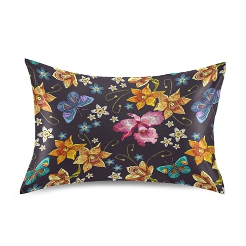 Funda de almohada de satén negro con diseño de mariposas florales, fundas de almohada refrescantes, tamaño estándar, King y Queen, tamaño estándar, 26 x 20 pulgadas