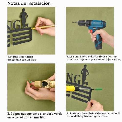 Miniatura 4 de Creatcabin - Soporte Para Medallas, Colgador De Medallas, Estante De Exhibición, Deportes, Metal, Premios, Hierro, Montaje Pequeño, Decoración Para Pared, Hogar, Correr, Gimnasia, Natación 29x13 Cm
