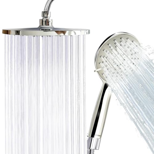 BYTRES Pack 1 cabezal rociador y 1 Alcachofa de Ducha: alcachofa de ducha ABS Cromado de 5 Funciones y rociador de ducha efecto lluvia, moderno de ABS 23cm cromado con Válvula de latón (G1/2”)