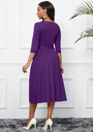 Image of CLOCOR Midi Dresses for Women Casual A-Line Fit and Flare Dress Crewneck 3 /4 Sleeve Keyhole Cocktail Party Church Dress