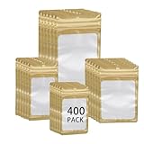 400 Pack 4 Sizes Resealable Mylar Holographic Bags Food Storage Smell Proof Bags with Front Window, Zipper Foil Packaging Pouch for Sample Jewelry Small Business (Gold,3x4.7,3.1x5.5,4x 6,4.7x 7.9in)