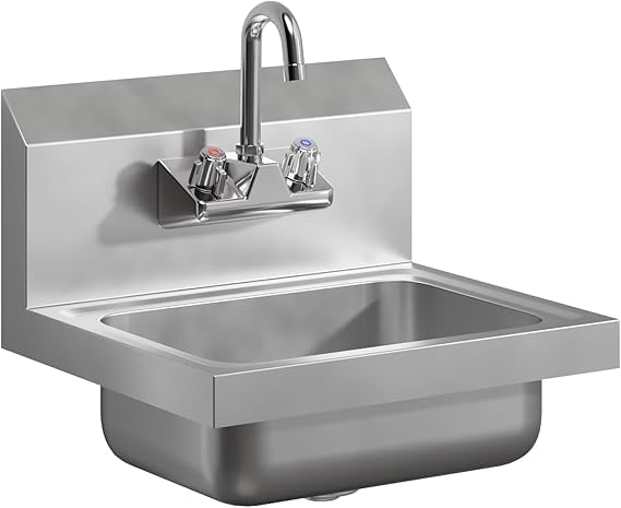 Stainless Steel Wall Mount Hand Sink with Faucet | Commercial Hand Washing Basin For Restaurant, Kitchen | NSF. (17" x 15")
