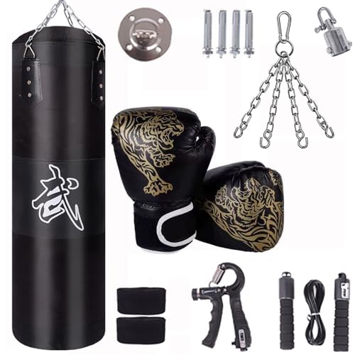 Saco De Boxeo,Saco Boxeo Adulto,Kit Boxeo,15-en-1 100 cm Kit de Sacos de Boxeo con Guantes, Vendas, Cadena más Gruesa, Giratorio 360° para Muay Thai y Lucha (sin Acolchado Negro)