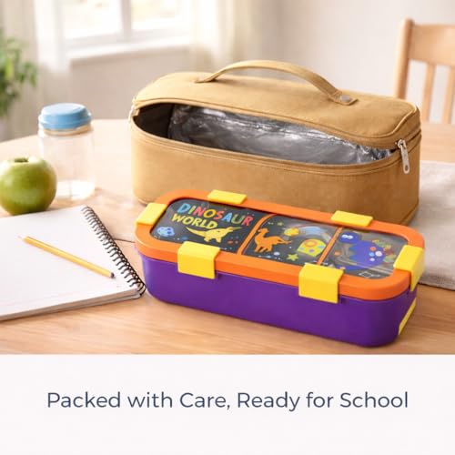 Image of Motka Kids Lunch Box 3 Compartment Combo with Insulated Bag | 600ml Stainless Steel Bento Box for Kids, Leakproof Silicone Seal, Built-in Cutlery, School Travel Food Container - Purple
