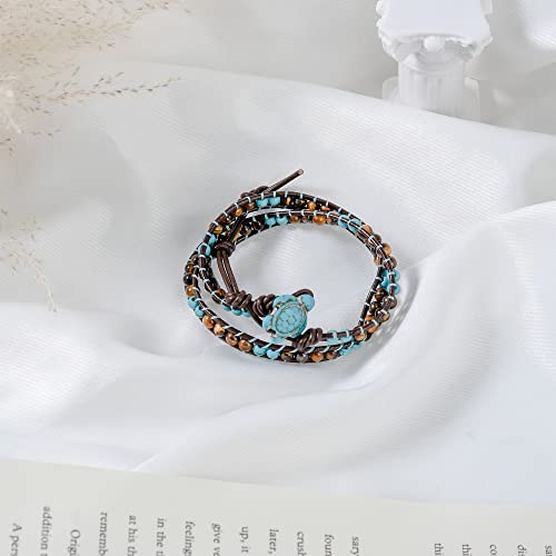 Aeravida Timeless Ocean Sea Turtle Tiger's Eye And Simulated Turquoise Double Wrap Bracelet | Double Wrap Bracelet | Turquoise And Tiger Eye Jewelry #TOP4