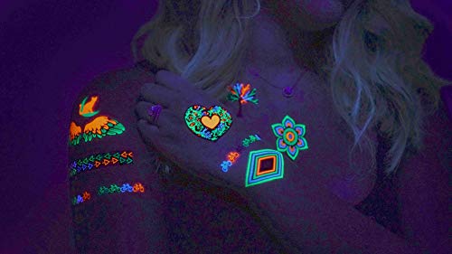 UV Blacklight Temporary Tattoos - Colored Rave, Neon, Party, Yoga, Tattoos