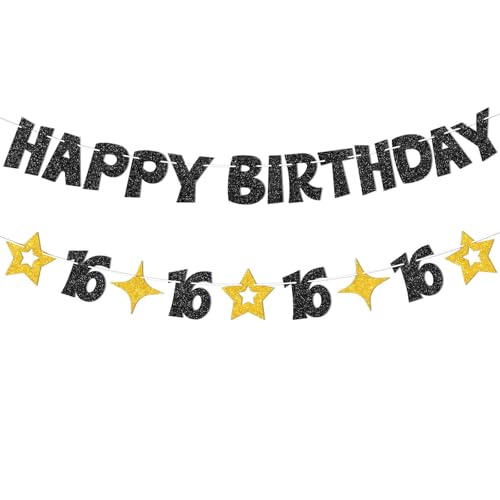 JNXCYQ Black Gold Happy 16th Birthday Banner-16th Birthday Decorations for Boys Girls Pre-strung Glitter Sixteen Birthday Decor Sign for Sweet 16 Party Decorations 16 Year Old Bday Party Supplies