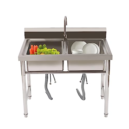 Stainless Steel 2 Compartment Free Standing Commercial Sink, with 2 Retractable Plastic Outlet Pipes, for Restaurant, Garage, Shop, Cafe, Laundry Room, 39.3