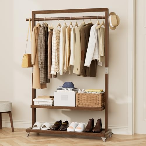 Wamhom Wood Clothing Rack Solid Wood Clothes rack with Wheels 2 Shelves