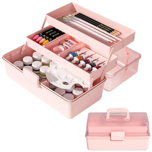 Image of 3-Layer Craft Storage Box Paint Storage Organizer Paint Brush Holder 2-Tray Art Supply Box Craft Paint Storage Craft Paint Storage for Painting Supplies