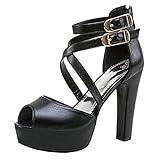  Dearney Damen Peeptoe High Heels Plateau Sandaletten Riemchen Sandalen Blockabsatz Reißverschluss Sommer Damenschuhe(Schwarz,40)