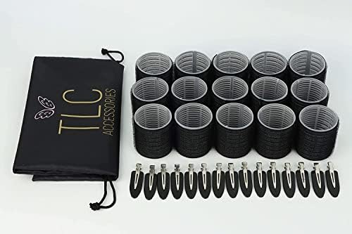 TLC ACCESSORIES 30 Piece Hair Rollers with Clips - 15 Self Grip Velcro Rollers and 15 Duckbill Clips - Salon Hairdressing Heatless Curlers, Size 48mm for Medium to Long Hair in Colour Black