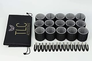 TLC ACCESSORIES 30 Piece Hair Rollers with Clips - 15 Self Grip Velcro Rollers and 15 Duckbill Clips - Salon Hairdressing Heatless Curlers, Size 48mm for Medium to Long Hair in Colour Black